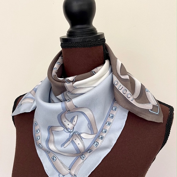 Gucci Logo Chains Color-Block Brown Blue GG Silk Scarf - Picture 11 of 13